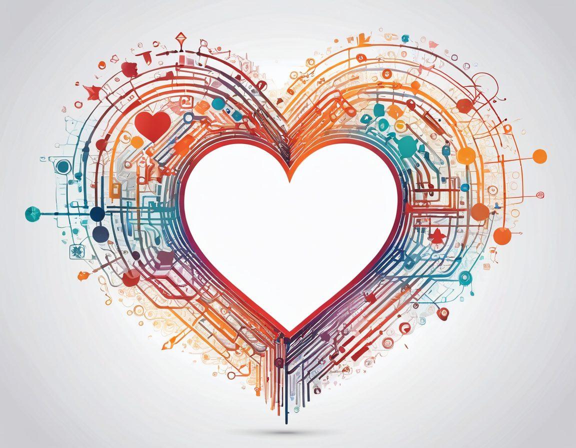 A warm, glowing heart at the center, interconnected with various technological elements like circuit patterns and digital icons, symbolizing heartfelt connections in tech. Surround the heart with diverse silhouettes of people engaging in meaningful conversations both online and offline, represented by vibrant lines and colors. Incorporate soft, inviting colors to evoke feelings of intimacy and warmth. super-realistic. vibrant colors. white background.