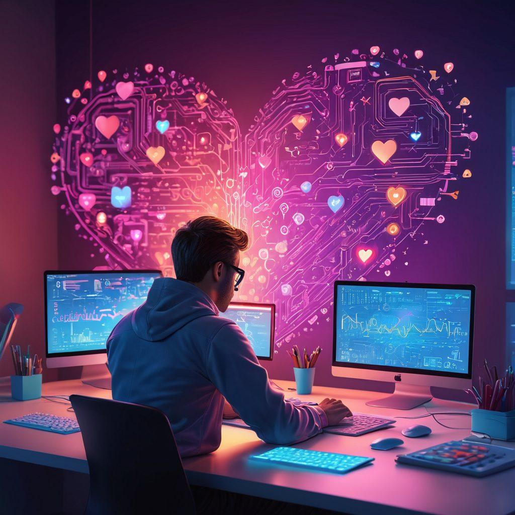 A vibrant illustration of a software developer sitting at their desk, surrounded by heart-shaped code snippets and glowing circuit designs. The developer is immersed in their work, with a laptop displaying colorful graphs and emotive icons symbolizing passion and connection. The background features a blend of technology and warmth, merging digital screens with soft, heartwarming elements like glowing hearts and gears. A contrast of cool tech colors with warm tones to radiate passion in the tech space. vector art. vibrant colors. 3D.