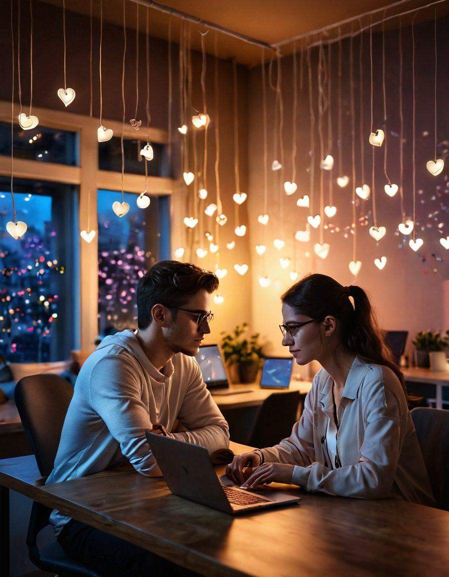 A romantic scene set in a cozy tech-filled workspace, where a couple passionately collaborates on innovative coding projects. Soft ambient lighting illuminates their faces, both engaged with laptops and surrounded by floating code snippets and hearts blending in the air. The atmosphere exudes creativity and affection, showcasing tech elements like circuit patterns and abstract designs intricately intertwined with romantic symbols. super-realistic. vibrant colors. warm lighting.